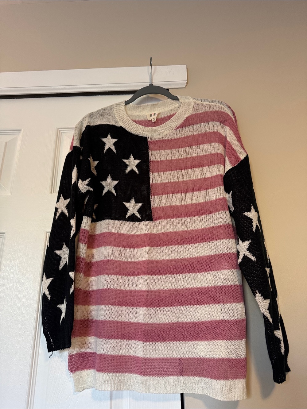 BiBi Pink & Black Star-Striped Crewneck Sweater